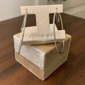 White diamond accent sterling silver hoop earrings 1 3/4”